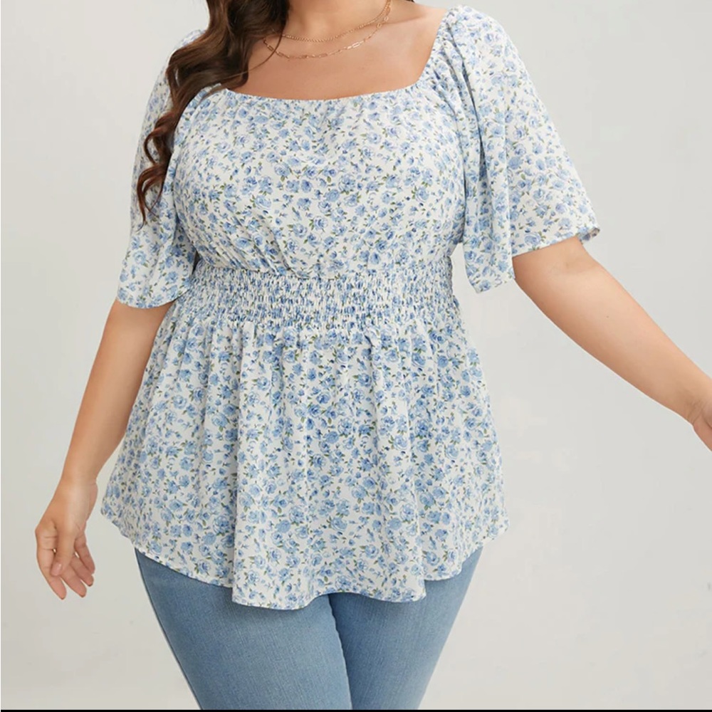 Ditsy Floral Ruffle Sleeve Shirred Square Neck Blouse